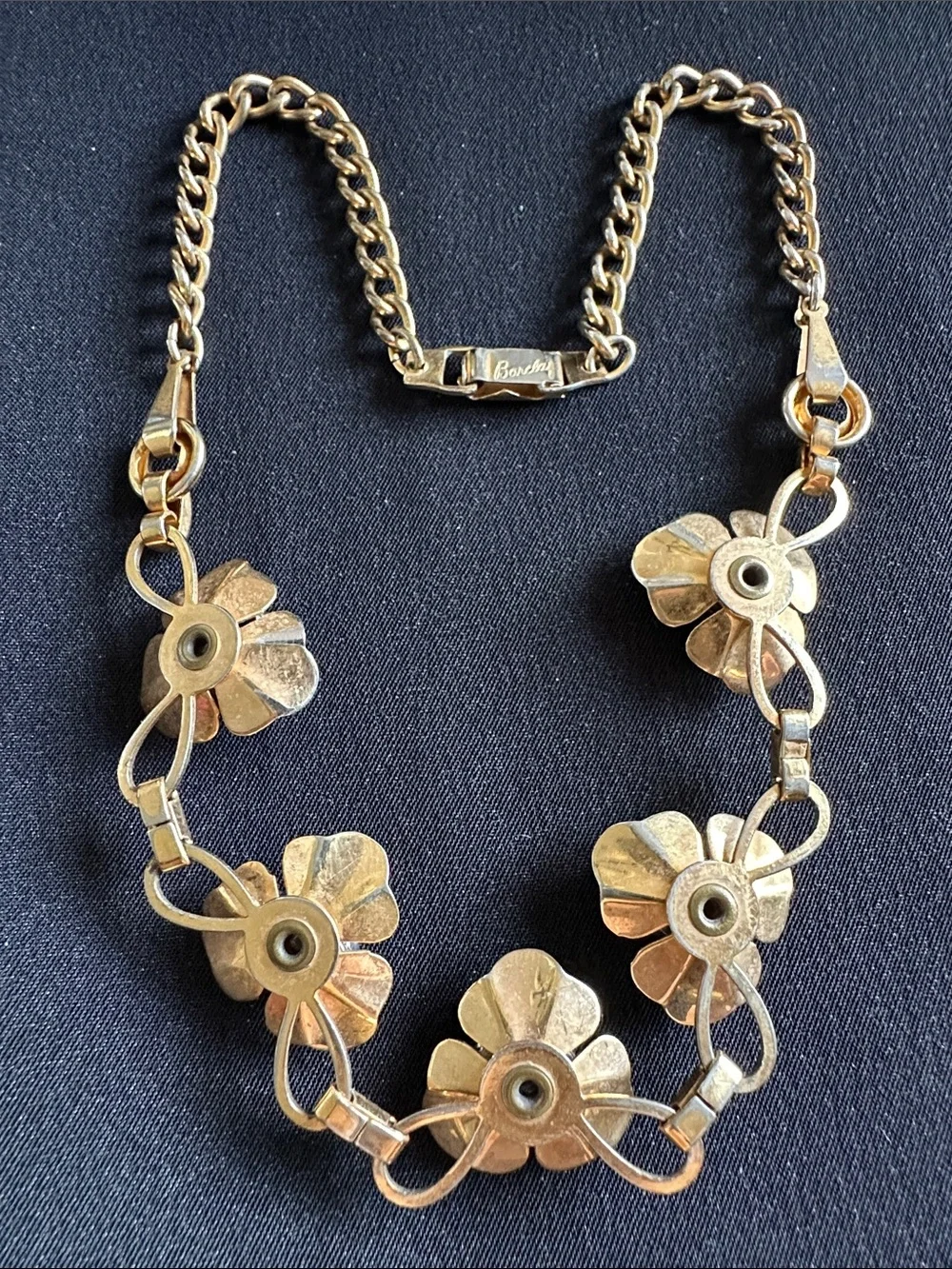 Vintage Barclay GUC floral necklace & earring set. Blue cluster rhinestones